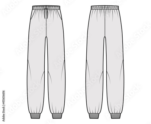 Sweatpants technical fashion illustration with elastic cuffs, low waist, rise, full length, drawstrings. Flat knit training trousers apparel template front back grey color. Women men unisex CAD mockup