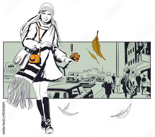 Beautiful girl photographer on streets of city. Vector illustration.
