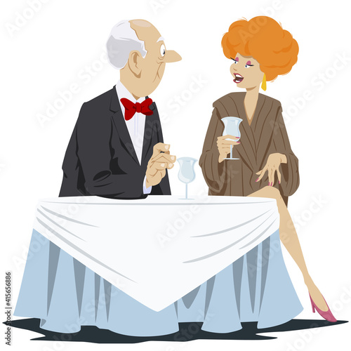Elderly man and young woman in restaurant. Illustration for internet and mobile website.