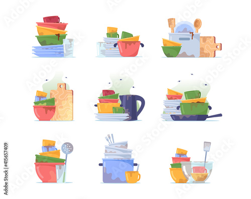 Set Dirty Dishes Pile, Stack of Plates, Cup and Water Glass to Wash, Unhygienic Utensils, Untidy Crockery or Kitchenware
