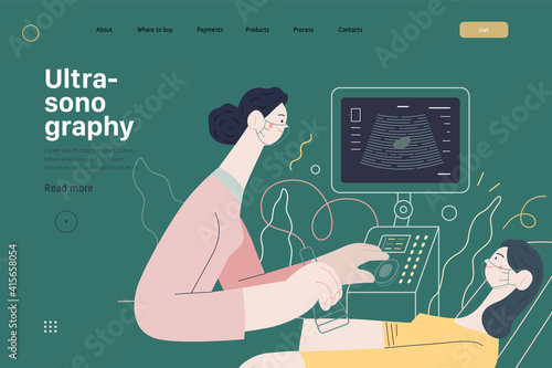 Medical tests illustration - ultrasound - modern flat vector concept digital illustration of ultrasonography procedure -doctor examing patient pregnant woman with scanner, medical office or laboratory
