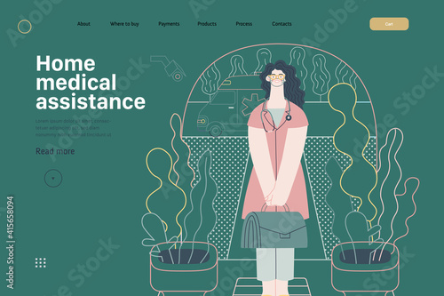 Medical insurance template -home medical assistance -modern flat vector concept digital illustration -nurse standing at the private residence entrance door Home medical service, part of insurance plan