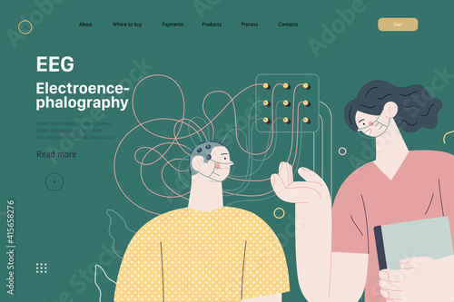 Medical tests illustration - EEG - electroencephalography - modern flat vector concept digital illustration of encephalography procedure - a patient with head electrodes and doctor in medical office