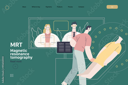 Medical tests illustration - magnetic resonance tomography - modern flat vector concept digital illustration of mri procedure - a patient in the scanner and doctor, medical office or laboratory