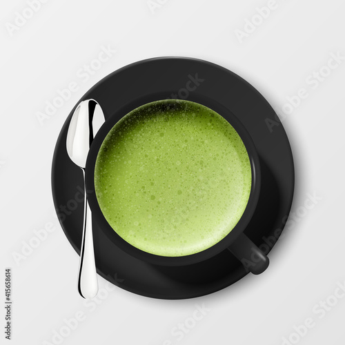 Vector 3d Realistic Ceramic Black Porcelain Ceramic Coffee Mug, Cup, Saucer and Teaspoon Isolated on White Background. Green Milk Foam Matcha. Design Template. Top View