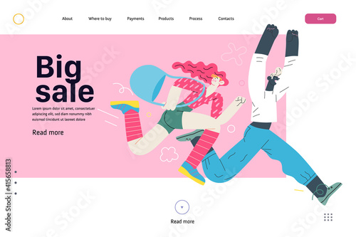 Discounts, sale, promotion, web template - modern flat vector concept illustration of a man and a woman running in the pursuit of the discounts, with a big percent sign on the background. Big sale