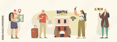 Diverse Young People Check in Five Stars Hotel. Male and Female Tourist Characters Move into Motel for Staying at Night