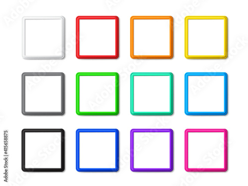 Set of colored square frames with shadows and rounded corners are blank mockup isolated on a white background. Vector design of template photo frame is perfect for presentations, photos and pictures