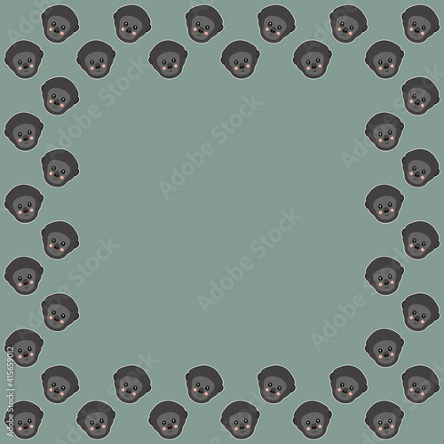 The square frame of flat cute smiling cartoon faces of western gorillas with ruddy cheeks on gray background. Cute border of African primates for children cards, flayer. Vector.