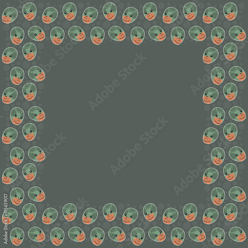 The square isolated frame of the gentle green heads of a boas constrictor with protruding tongues on a gray background. The cute backdrop of cartoon snake faces with a place for text. Vector.