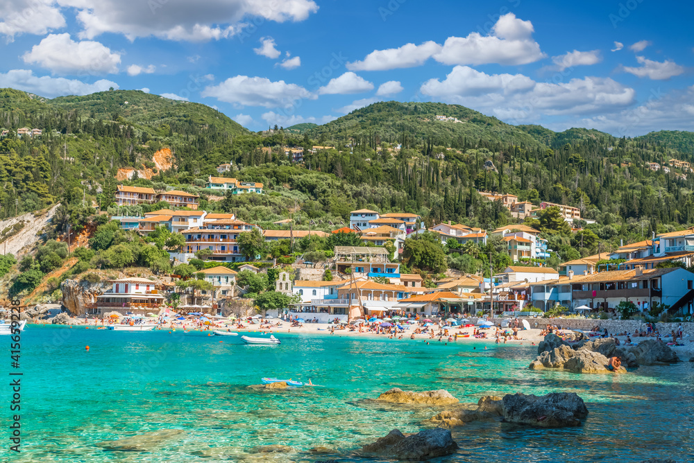 Landscape with Agios Nikitas beach and resort in Lefkada, Greece