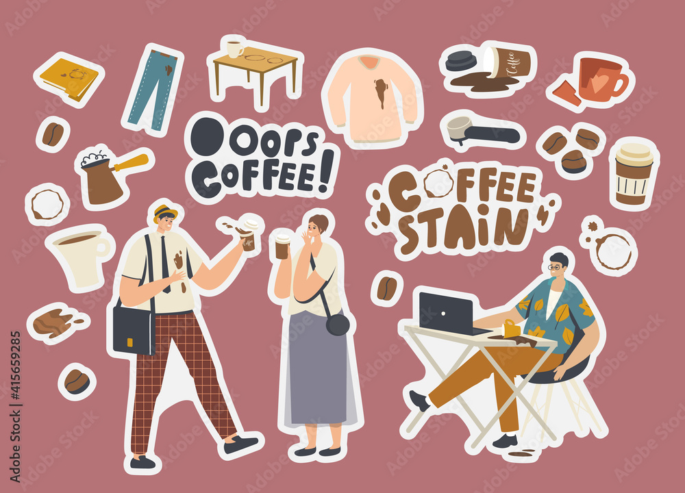 Set of Stickers Coffee Stains. Clumsy Characters, Cezve with Beverage, Shirt or Pants with Spots, Coffee Machine Filter Set of Stickers Coffee Stains. Clumsy Characters, Cezve with Beverage, Shirt or Pants with Spots, Coffee Machine Filter