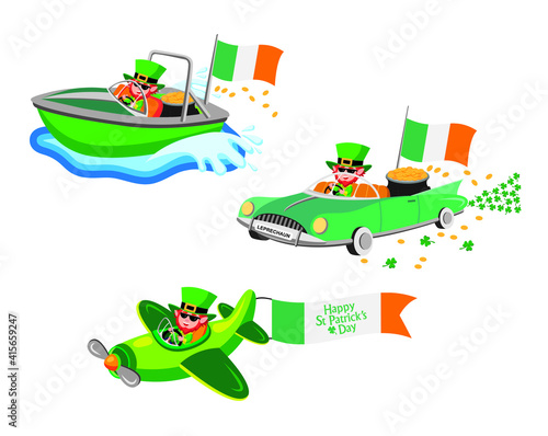 Cute cartoon style illustration set of leprechauns in different modes of transport
