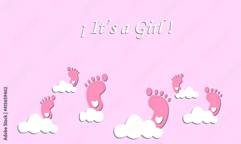 Felicitación nacimiento niña con pies y nubes. Felicitación nacimiento niña con pies y nubes.