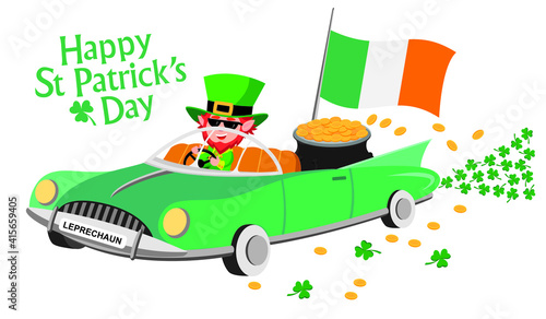 Cute cartoon style illustration of leprechaun driving car