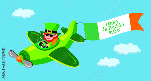 Cute cartoon style illustration of leprechaun flying airplane