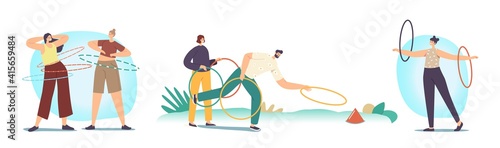 Active Sparetime, Outdoor or Indoor Activity. Adult Male or Female Characters Exercising with Hula Hoop Rolling on Waist