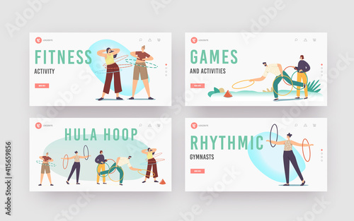 Active Sparetime, Outdoor or Indoor Activity Landing Page Template Set. Adult Characters Exercising with Hula Hoop © Sergii Pavlovskyi