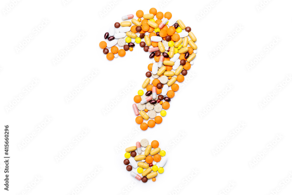 medicine drugs question mark symbol isolated on white background. medical decision concept