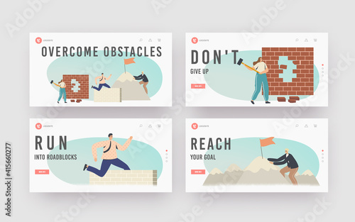 Overcome Obstacles Landing Page Template Set. Characters Developing Skills, Climbing on Rock Peak, Jump Over Barriers