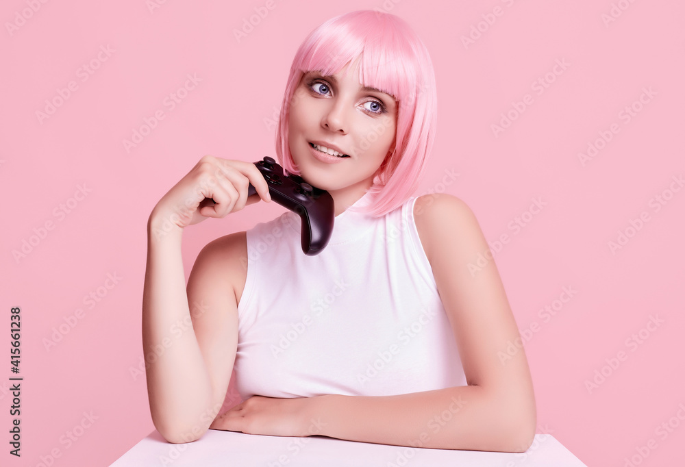 Happy Sexy Gamer Girl With Pink Hair Playing Video Games Using Joystick