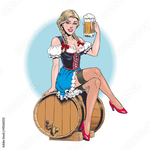 Young sexy Oktoberfest waitress, wearing a traditional Bavarian dress, sitting on beer barrel and holding a beer mug. Attractive blonde german woman. Pin up style vector illustration.