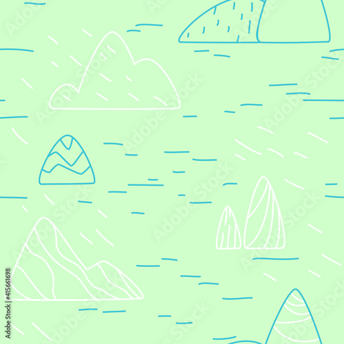 seamless pattern with blue and white mountains and ricks in line art style on light green background