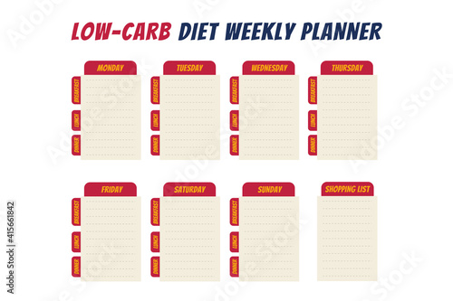 Comics text diet weekly planner isolated on white background. Food menu plan for diet. Daily schedule template for cooking meals. Week plan low carb menu notes.