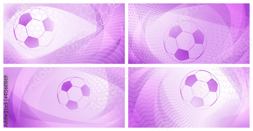 Set of four football or soccer backgrounds with big ball in light purple colors