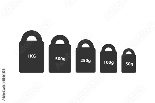 Kg weight mass black simple flat icon set. Old barbell press collection in flat design. Black silhouette isolated on white background. Weight pictogram. Metric system of units