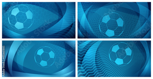 Set of four football or soccer backgrounds with big ball in light blue colors