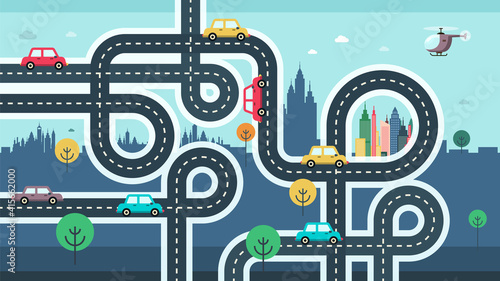 City map with cars on road - street. Vector Cartoon.