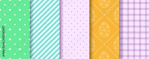Set of Easter seamless Patterns in blue, orange, green, violet. Pattern design set with Eggs, Gingham, Polka Dot and Stripes. Endless texture for web, picnic tablecloth, wrapping paper.