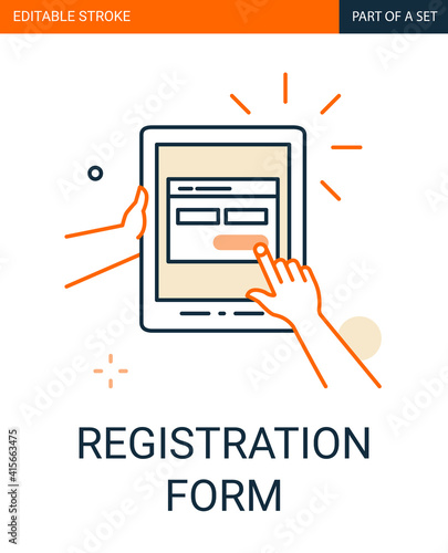 Site Registration form icon. Tablet in hand with a registration form on the application outline icon photo