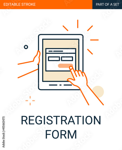 Site Registration form icon. Tablet in hand with a registration form on the application outline icon
