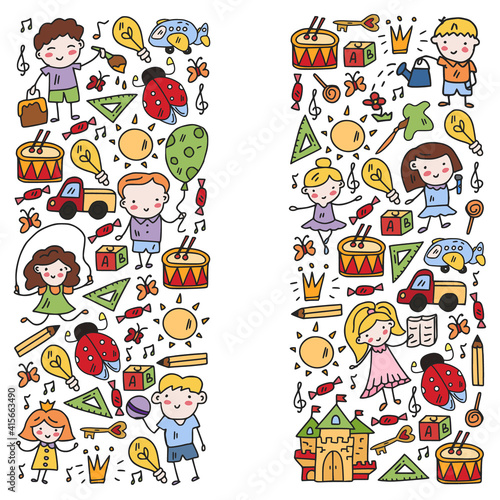 School, kindergarten with cute vector children. Dancing, singing, painting, online education. Creativity and imagination.