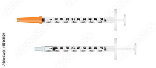 Realistic 3d insulin medical syringe with needle.