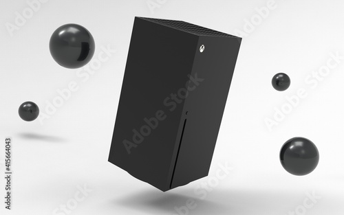 3d illustration render Video game console similar to xbox series x on black background white  photo