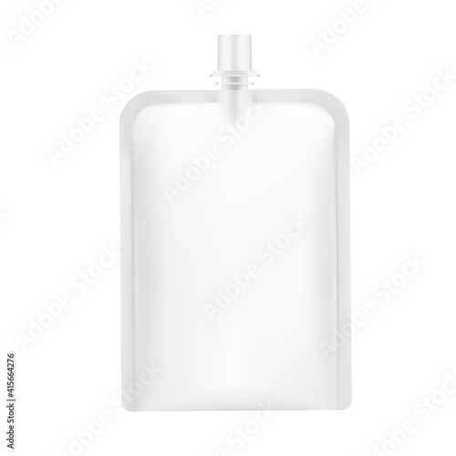 Food pouch bag with safety round corners and cap. Vector illustration isolated on white background. Front view. Can be use for template your design, presentation, promo, ad. EPS10. 
