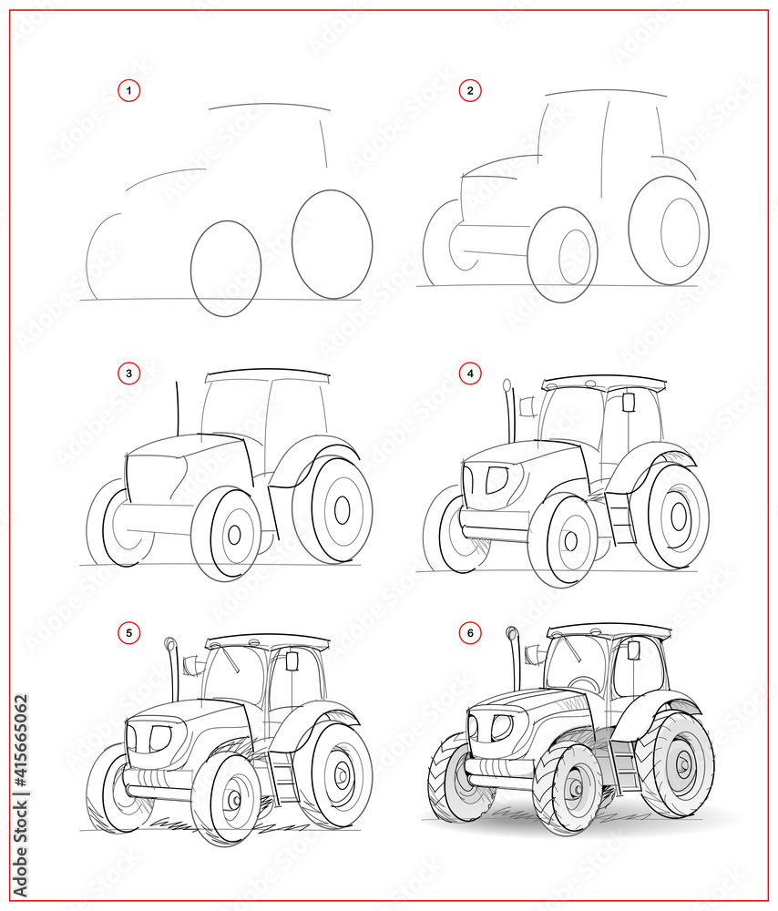 Page shows how to learn to draw sketch of tractor. Creation step by