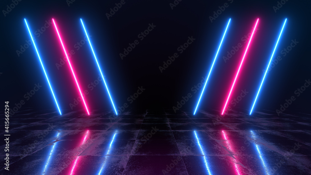 Abstract neon background with colorful beams of lights illustration. Futuristic studio concept with bright laser and reflective floor. Abstract neon background with colorful beams of lights illustration. Futuristic studio concept with bright laser and reflective floor.