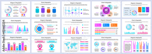 Bundle business and finance infographics presentation slides template. Different charts, diagrams, workflow, flowchart, timeline, schemes design template. Vector info graphic and infographics set.
