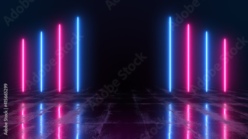 Abstract neon background with bright laser lights and reflections on the floor. 3d render of blue and pink rays. Night club music show illustration.