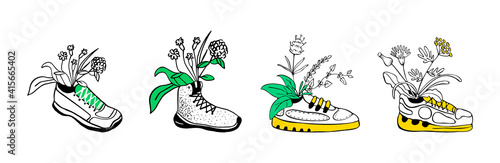 Vector doodle linear illustration with set, collection of sneakers with floral, plant elements inside. Concept sports and casual, comfortable shoes.