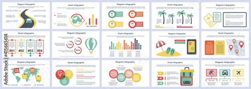 Bundle travel vacation infographics presentation slides template. Different charts, diagram, workflow, flowchart, timeline, schemes, graphs design template. Vector info graphic and infographics set.