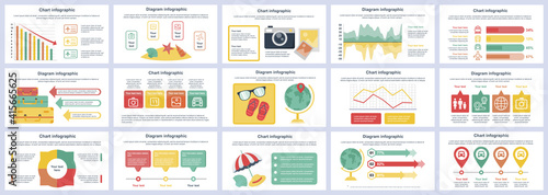 Bundle travel vacation infographics presentation slides template. Different charts, diagram, workflow, flowchart, timeline, schemes, graphs design template. Vector info graphic and infographics set.