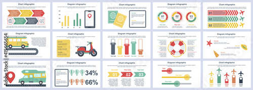 Bundle travel vacation infographics presentation slides template. Different charts, diagram, workflow, flowchart, timeline, schemes, graphs design template. Vector info graphic and infographics set.