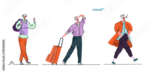 Vector illustration with set, collection walking men in everyday life. It shows character of tourist with luggage, another humming tune, and looking at phone.