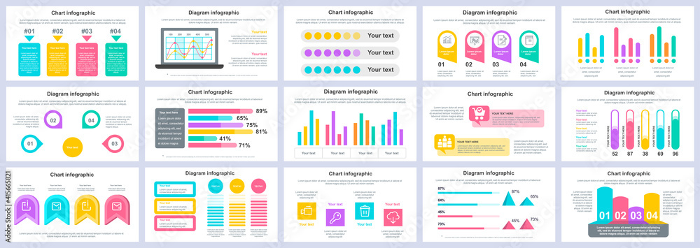 Bundle business and finance infographics presentation slides template. Different charts, diagrams, workflow, flowchart, timeline, schemes design template. Vector info graphic and infographics set.
