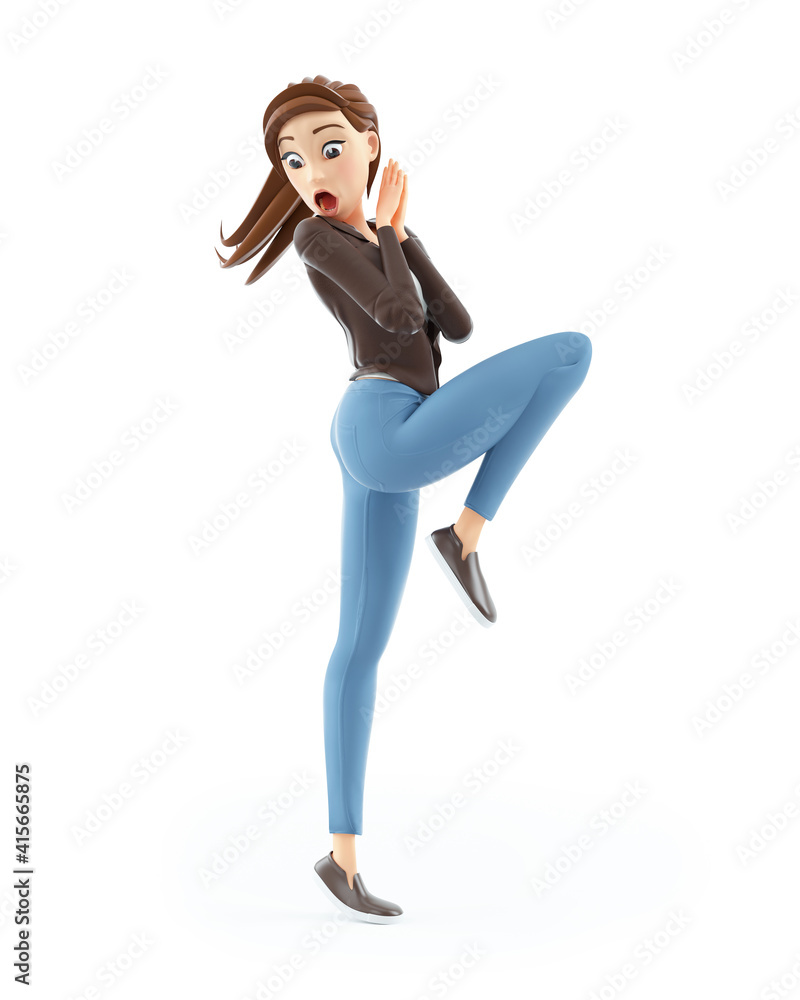 3d afraid cartoon woman looking the floor 3d afraid cartoon woman looking the floor